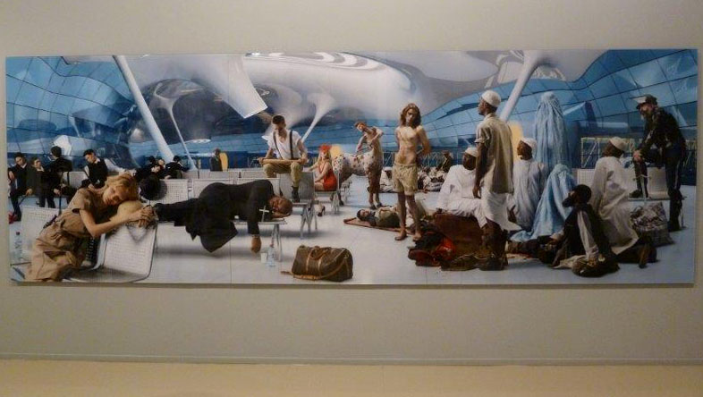 Large painting of various people at an airport